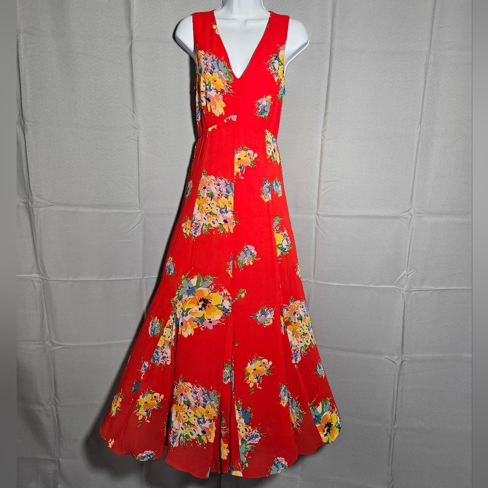 Lauren Ralph Lauren Red Floral Vneck Fit & FLare Maxi Summer Wedding Guest Sz 6